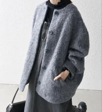 SHIPS any: 샤기 노카라 코쿤 코트 차콜 그레이