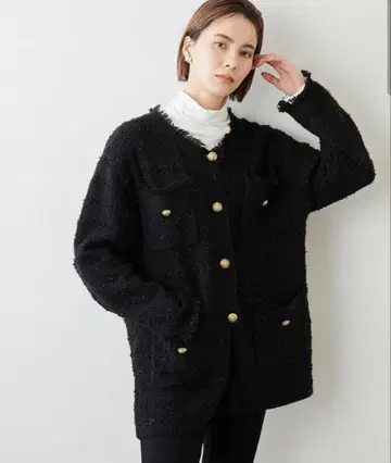 Whim Gazette 트위드 니트 자켓 블랙