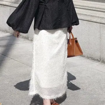 프린지 트윙클 버튼 롱 스커트