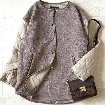 새상품급 SHIPS 쉽스 보아 x 퀼팅 노카라 미디 코트 베이지 계열