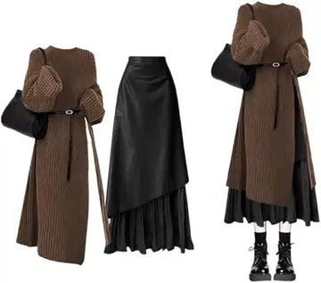 여성용 셋업 롱 니트 스웨터 & 롱 스커트