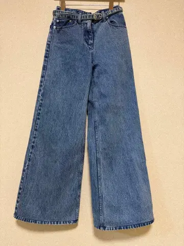 와이드 레그 데님 팬츠 블루 벨트 포함