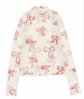 POPPY 핑크 리본 시어 하이넥 시스루 상의 아사기니뇨