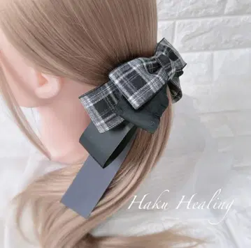 차콜 블랙 체크 리본 바나나 클립 스크런치 포니 후크