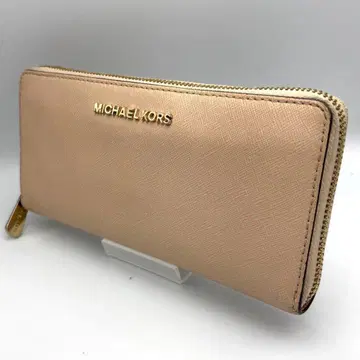 마이클코어스 장지갑 라운드 지퍼 핑크 베이지 로고 금장 장식