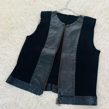 루니 램 가죽 이소재 절개 베스트 지레 더블 지퍼 블랙 쿨 천연 가죽