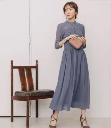 레이스 절개 쉬폰 원피스 7부 소매