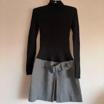 터틀넥 리브 니트 원피스 블랙&그레이