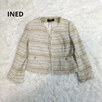 INED 이네드 노카라 자켓 트위드 라메 베이지 골드 버튼