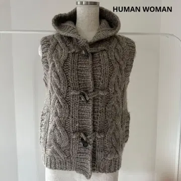 휴먼 우먼 울 케이블 니트 후드 부착 니트 베스트