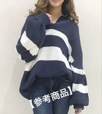 Roger&Raw/V넥 보더 니트/페이크 데님 카라 풀오버/M