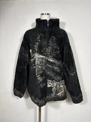 애니멀 무늬 플리스 자켓 블랙 곰 패턴 풀 집업