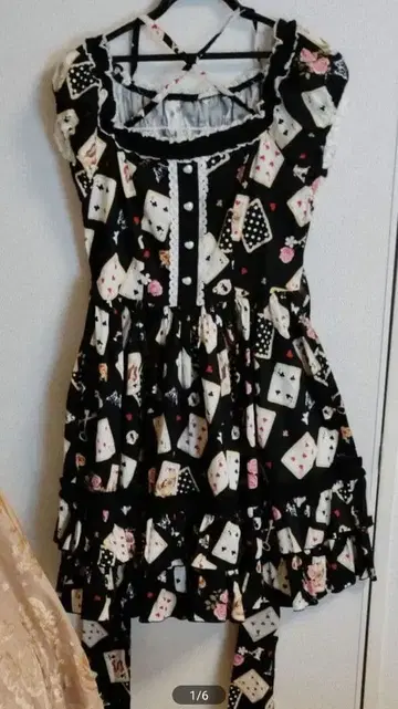 아마로리 트럼프 무늬 원피스 블랙 M 하트 펄 버튼 무릎 기장