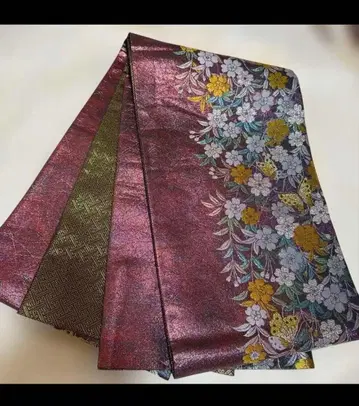 나비 꽃무늬 자수 순수 실크 양면 후쿠로 오비 !선명하게!