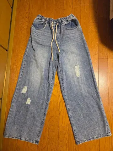 데미지 가공 와이드 레그 데님 팬츠 프리 사이즈