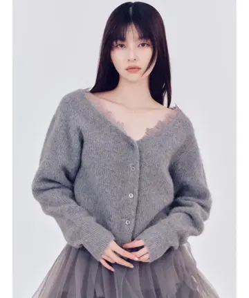 FRAY I.D 폭스 울 레이스 트리밍 가디건 그레이
