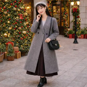 PLST 더블 브레스트 롱 코트 그레이 잡지 다수 게재 M