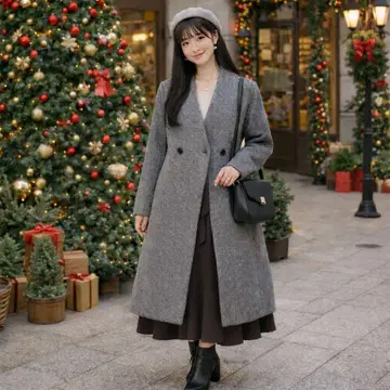 PLST 더블 브레스트 롱 코트 그레이 잡지 다수 게재 M