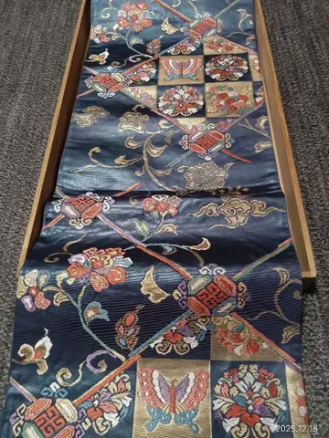 당초 후쿠로 오비 육통 능화 당초 문양 인박 금실 순수 실크