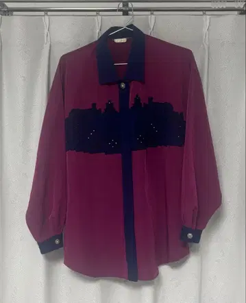 빈티지 시티 패턴 절개 셔츠 퍼플 x 네이비 개성파 구제 의류