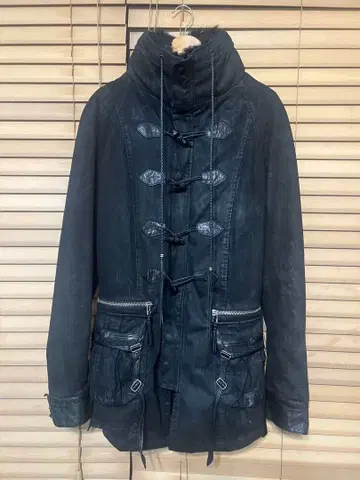 KMRii 케무리 가죽 장식 데님 모즈 코트 스탠드 카라 퍼