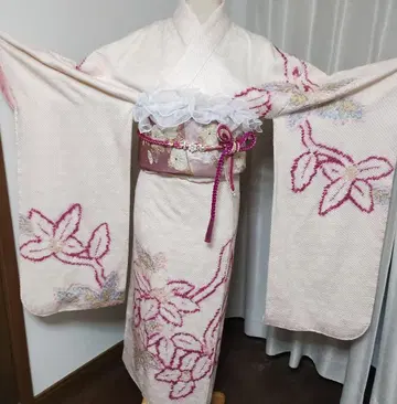 성인식 순수 실크 후리소데 후지무스메 키누타야 총 조임 핑크 귀여운 고급