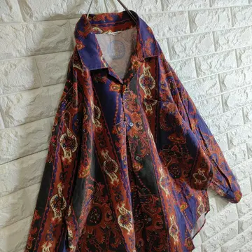 [ 사이키 페이즐리 무늬 ] 긴팔 셔츠 올 패턴 레이온 L 오렌지 네이비