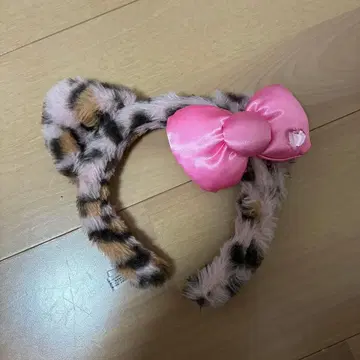 레오파드 무늬 퍼 핑크 리본 머리띠