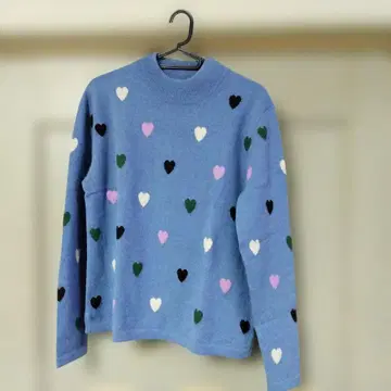 쇼와 레트로 스웨터 캐시미어 여성용 블루 하트 무늬 하이넥