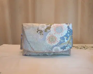 학 벚꽃 꽃 무늬 실크 기모노 오비의 2ways 클러치 백