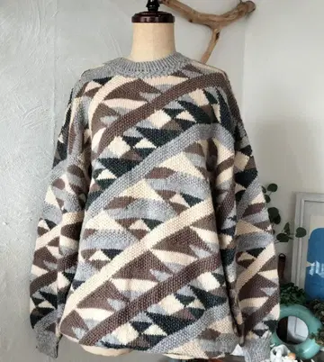 기하학 패턴 자카드 모 100% 오버 사이즈 니트 스웨터
