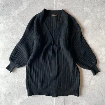 리브 니트 가디건 롱 볼륨 슬리브 모드 블랙