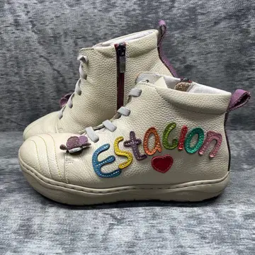 에스타시온 L 사이즈 아이보리 로고 숏 기장 부츠 사이드 지퍼 가죽