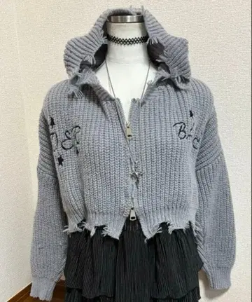 데미지 가공 더블 지퍼 니트 후드티 헤이세이 리바이벌 y2k 그런지