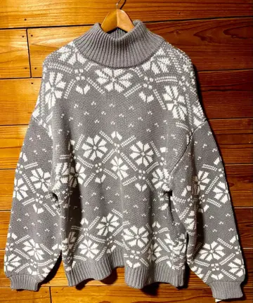 남성용 눈꽃 패턴 그레이 터틀넥 니트 L 오버 사이즈