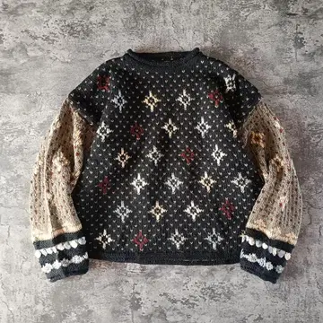 올 패턴 투톤 로우 게이지 핸드 니트