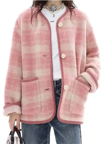 D'ZZIT 파이핑 디자인 핑크 플래드 코트