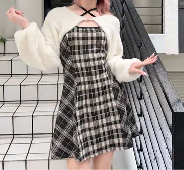 샤기 볼레로 미니 체크 원피스