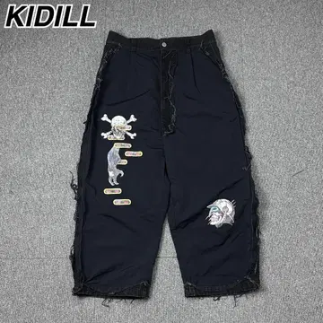 KIDILL 데미지 가공 멀티 프린트 데님 절개 팬츠 키디루 블랙