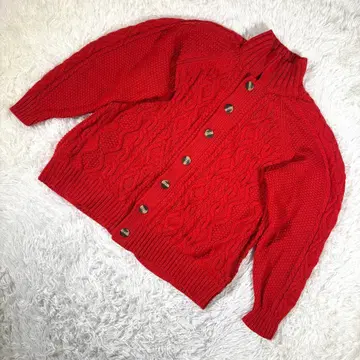 Calm 카엠 [ F ] 케이블 니트 가디건 긴팔 버튼 레드