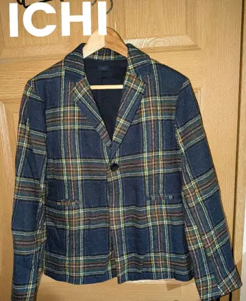ICHI 네이비 계열 체크 무늬 테일러드 자켓 원 버튼