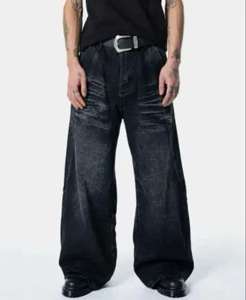 MENES Black Faded Wide Leg Jeans