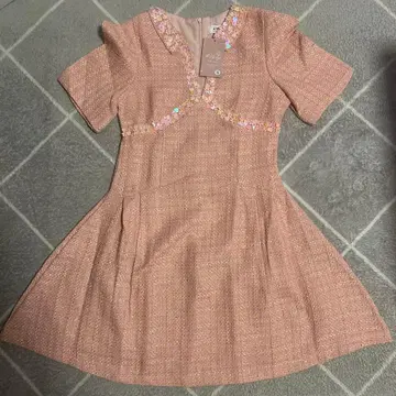 mily anjo 스팽글 트위드 핑크 플레어 드레스 S