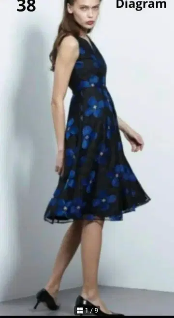 [ 새상품급 ] 38 Diagram 꽃무늬 자수 블루 플라워 원피스