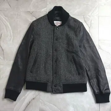 BEAMS x Harris Tweed 가죽 바시티 자켓 블랙 그레이 L