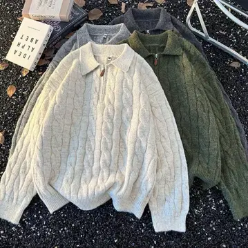 긴팔 니트 스웨터 아이보리 그린 그레이