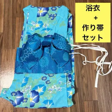 블루 계열 꽃무늬 유카타 오비 세트