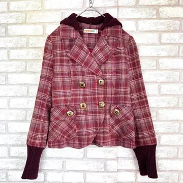 GLORIA 그로리아 피코트 체크 빨간색 후드 부착 니트 S