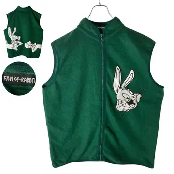 레트로 구제 의류 빅 토끼 디자인 그린 플리스 베스트 빅 사이즈