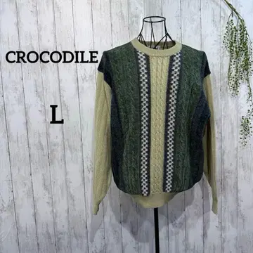 크로커다일 니트 스웨터 L 올 패턴 입체 케이블 짜임 일본제 옐로우 그린